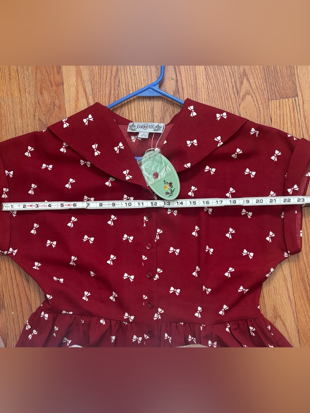 Collectif London Judy Bow Print Swing Dress NWT Burgundy Retro Collared XL UK 16 - Picture 9 of 10